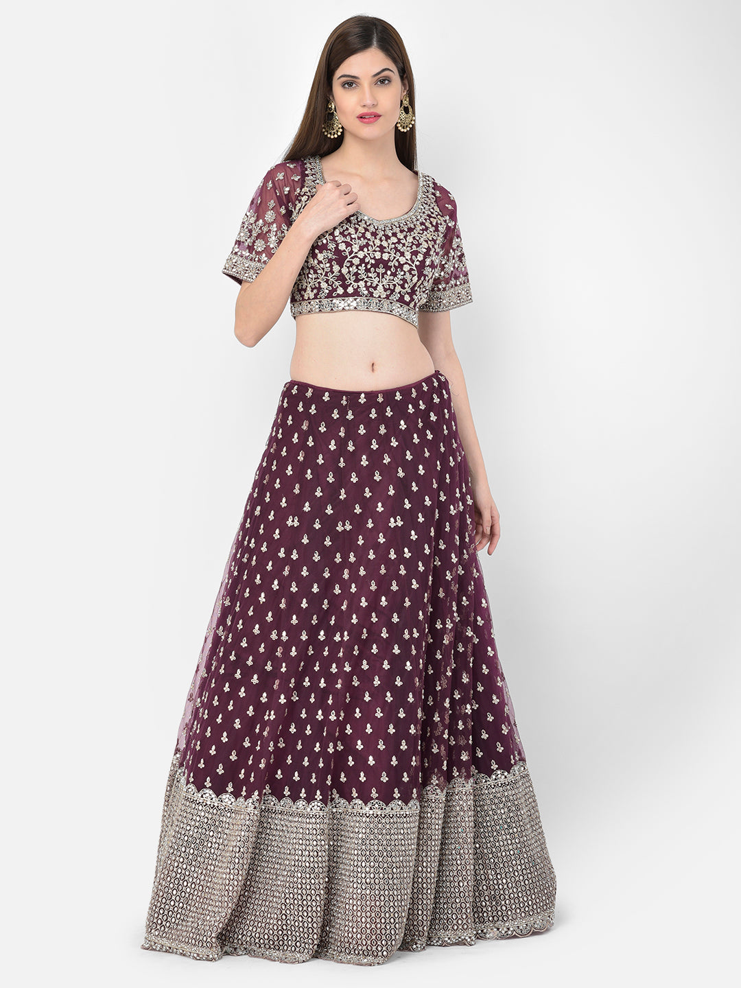 Neerus Maroon net mirror work lehenga choli set - detail view 4