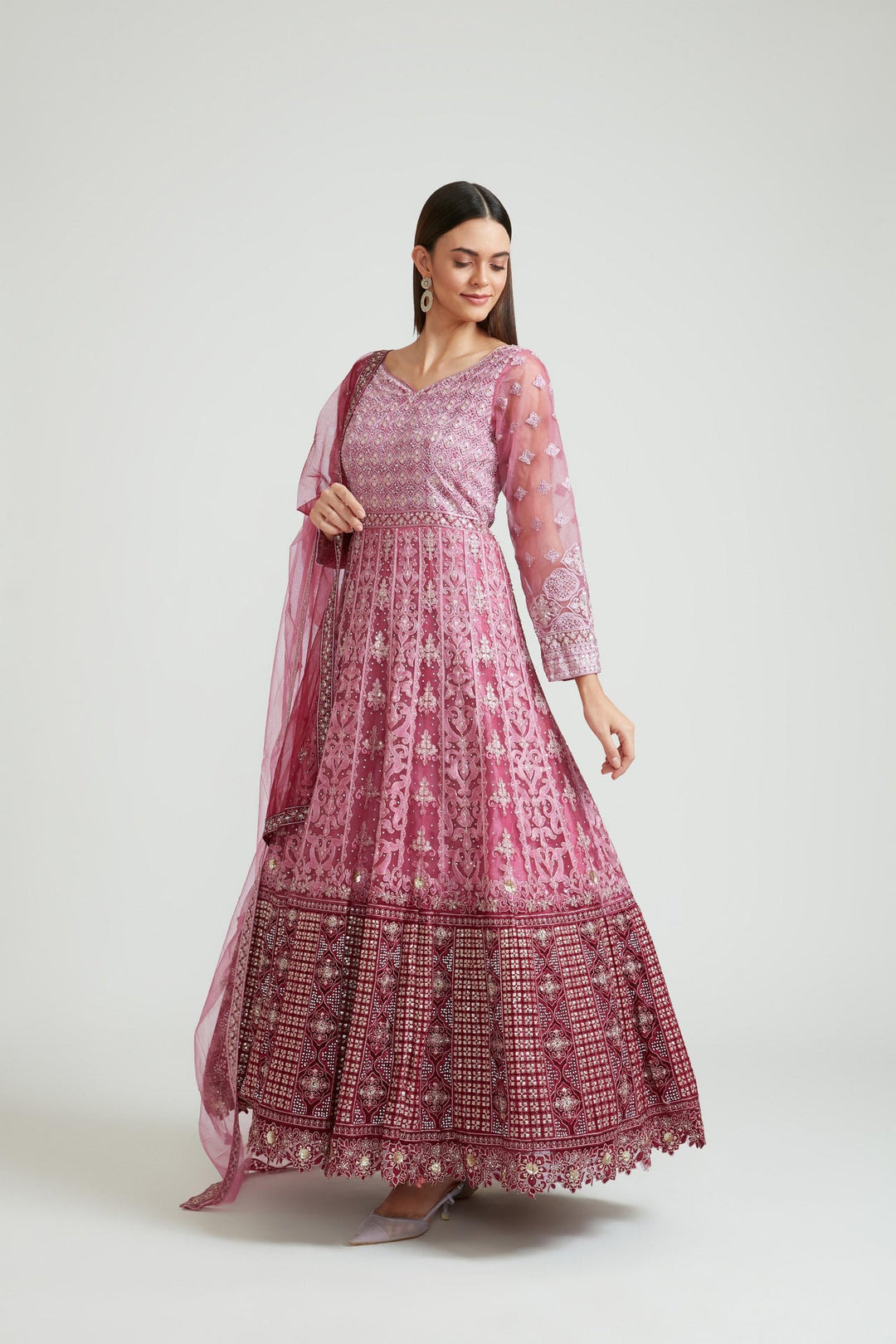 Neerus Purple net embroidered gown - front view
