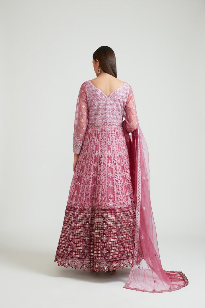 Neerus Purple net embroidered gown - back view