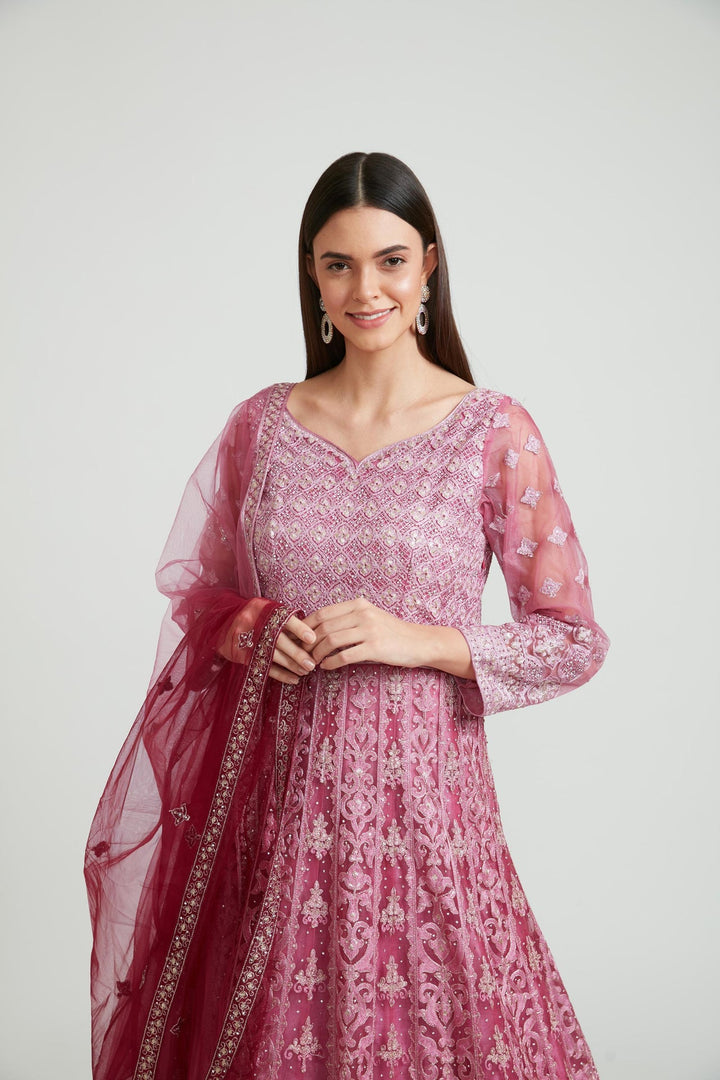 Neerus Purple net embroidered gown - side view