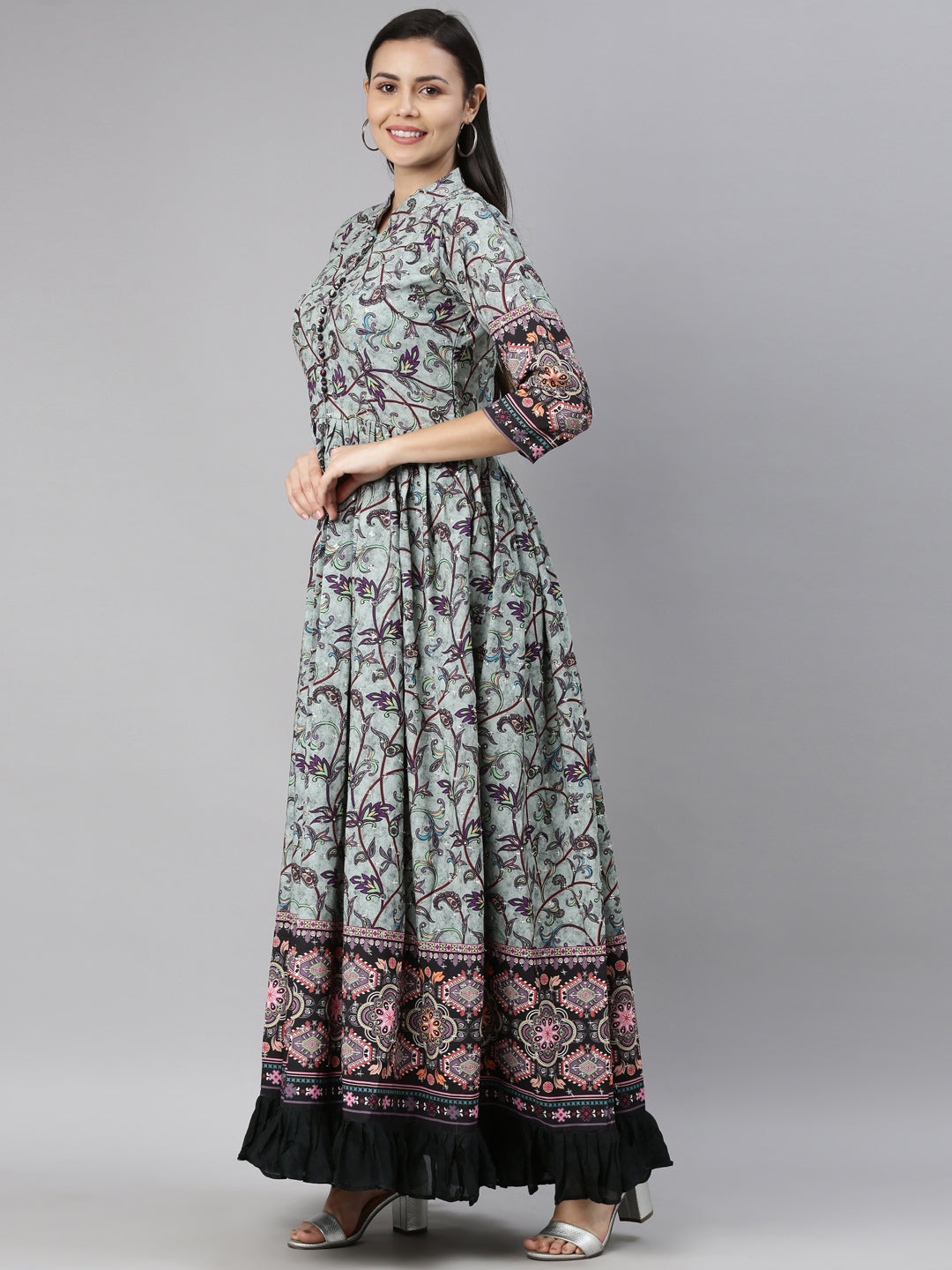 Neerus Green modal printed dress - side view