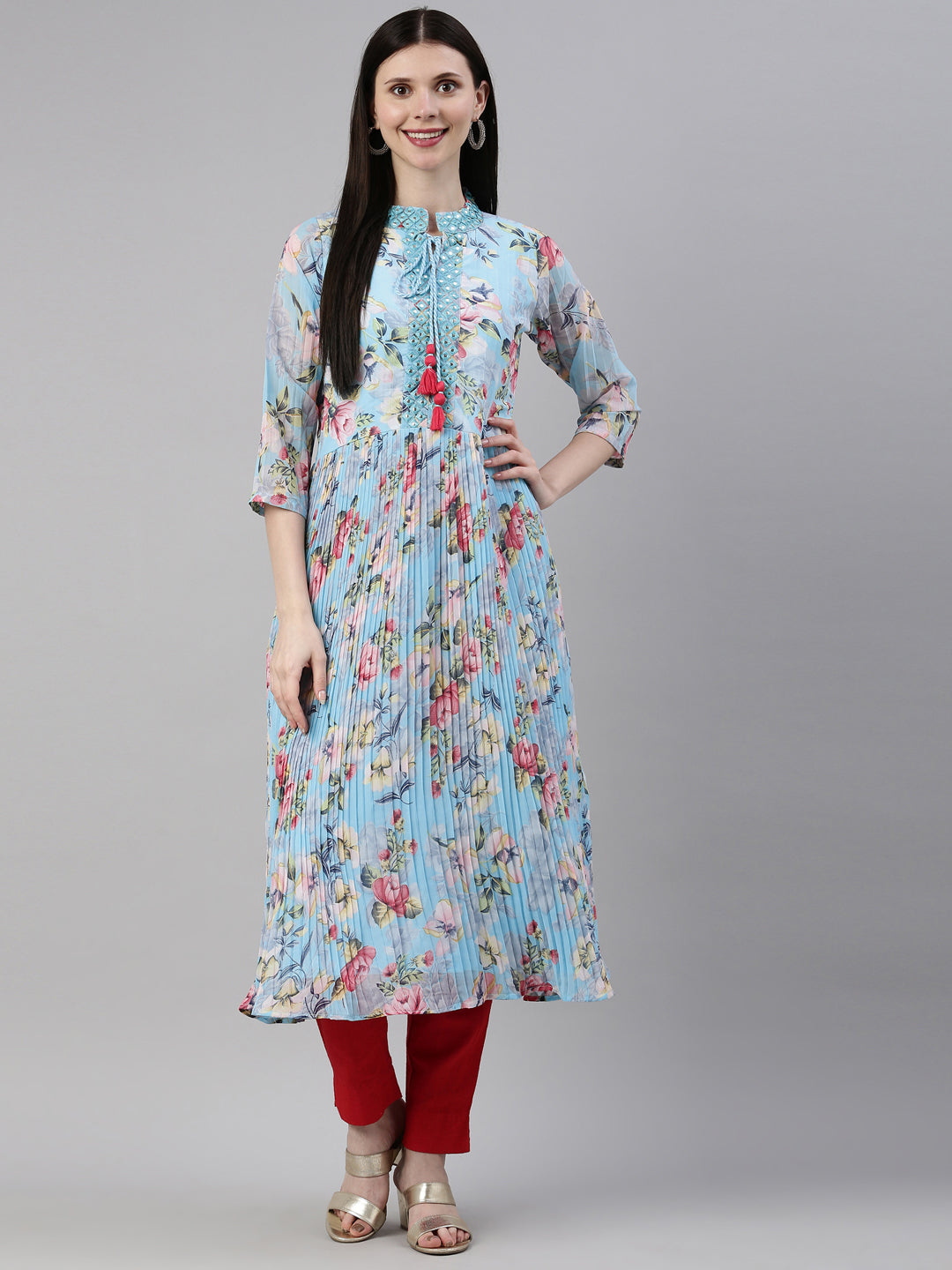 Neerus Blue georgette straight kurti - front view