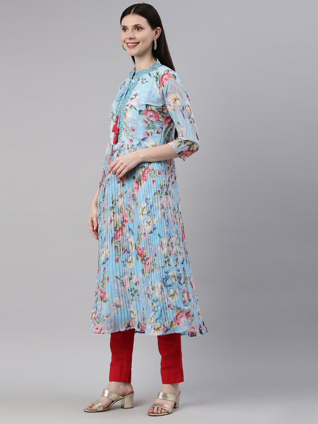 Neerus Blue georgette straight kurti - side view