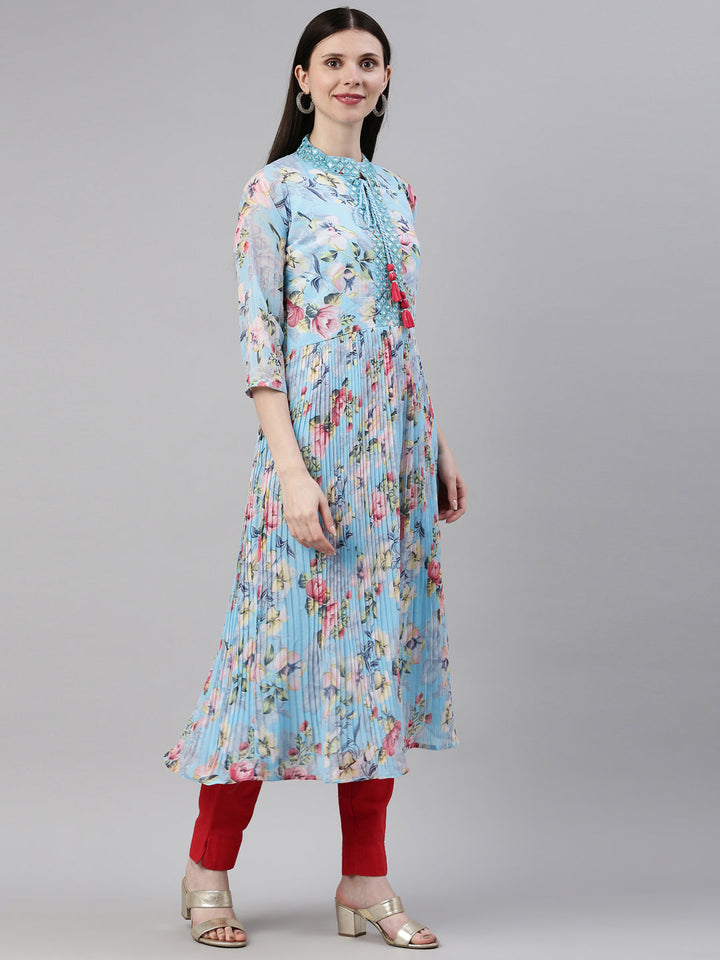 Neerus Blue georgette straight kurti - detail view 1