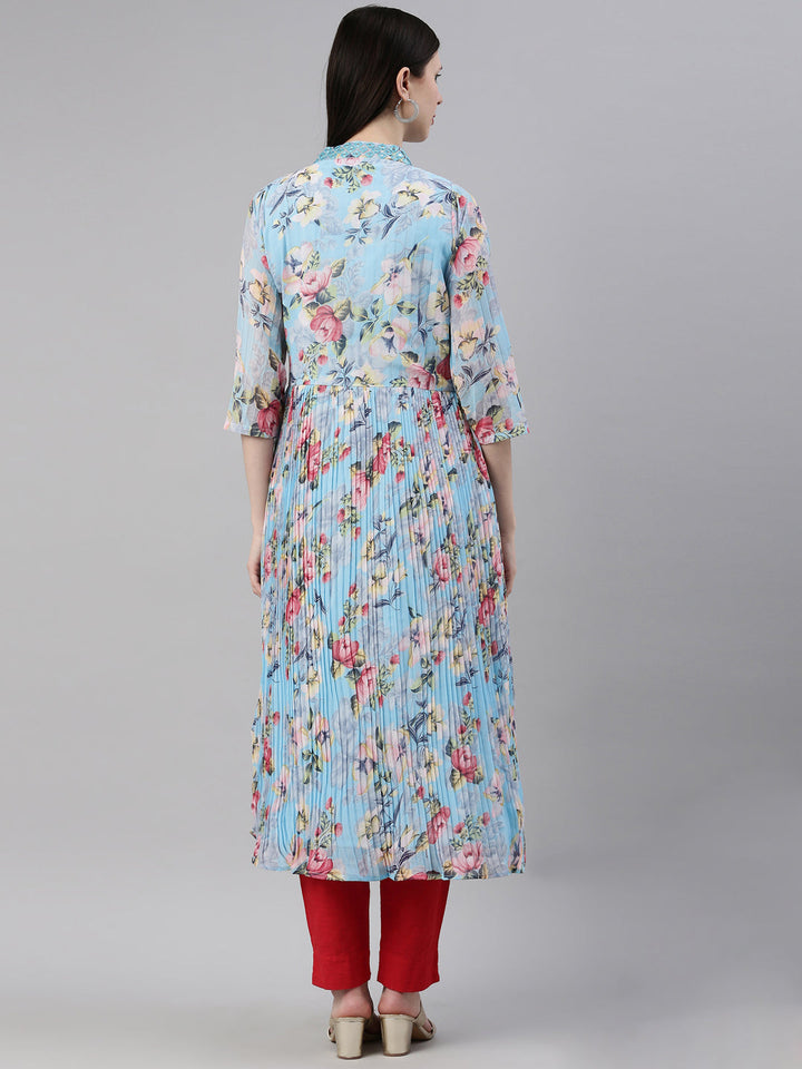 Neerus Blue georgette straight kurti - detail view 2