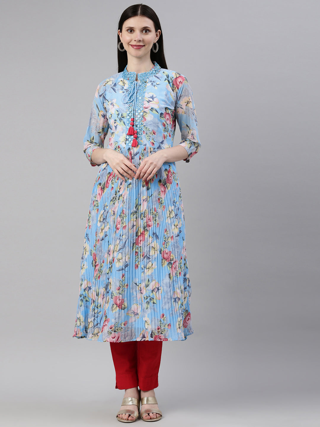 Neerus Blue georgette straight kurti - detail view 3