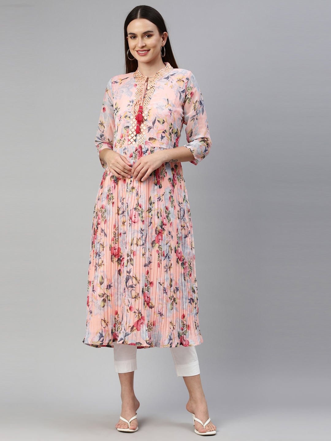 Neerus Orange georgette straight kurti - front view