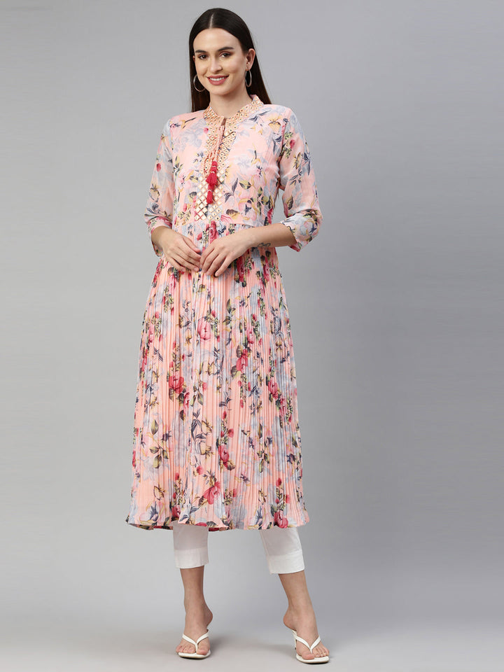 Neerus Orange georgette straight kurti - front view