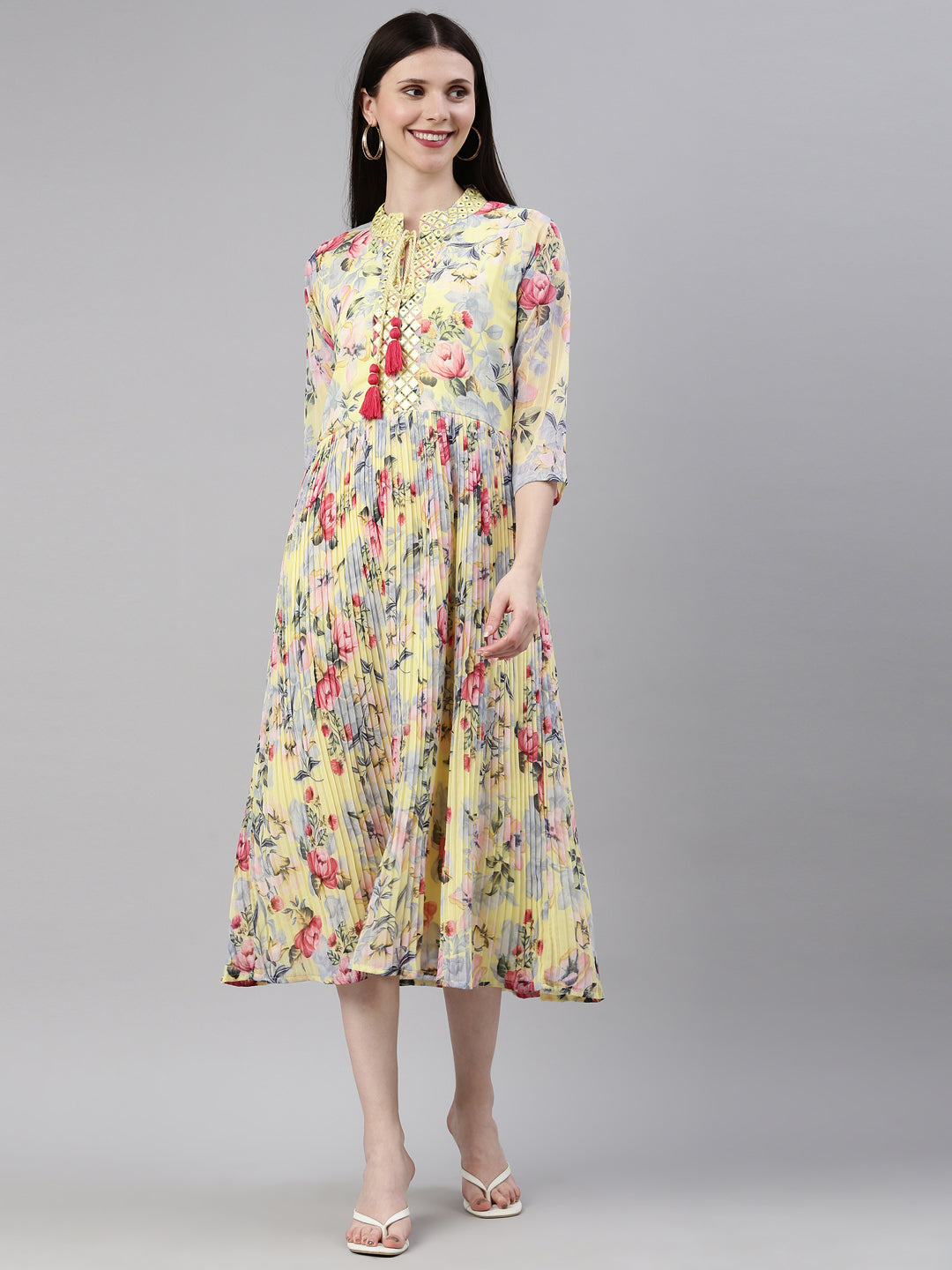 Neerus Yellow georgette straight kurta - detail view 6
