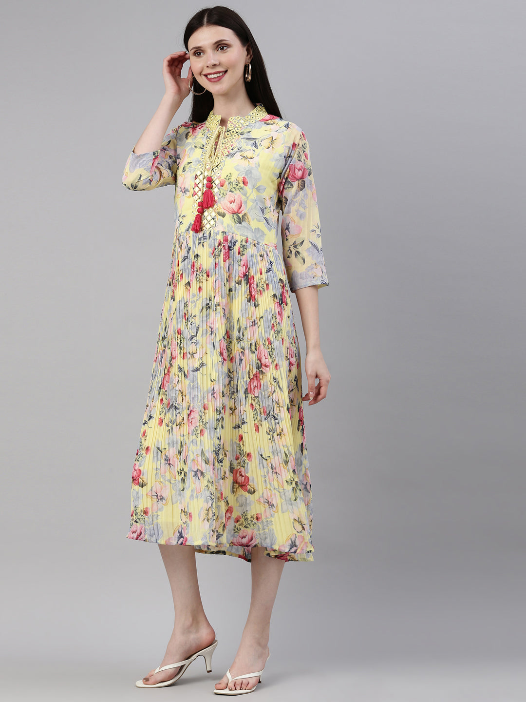 Neerus Yellow georgette straight kurta - side view