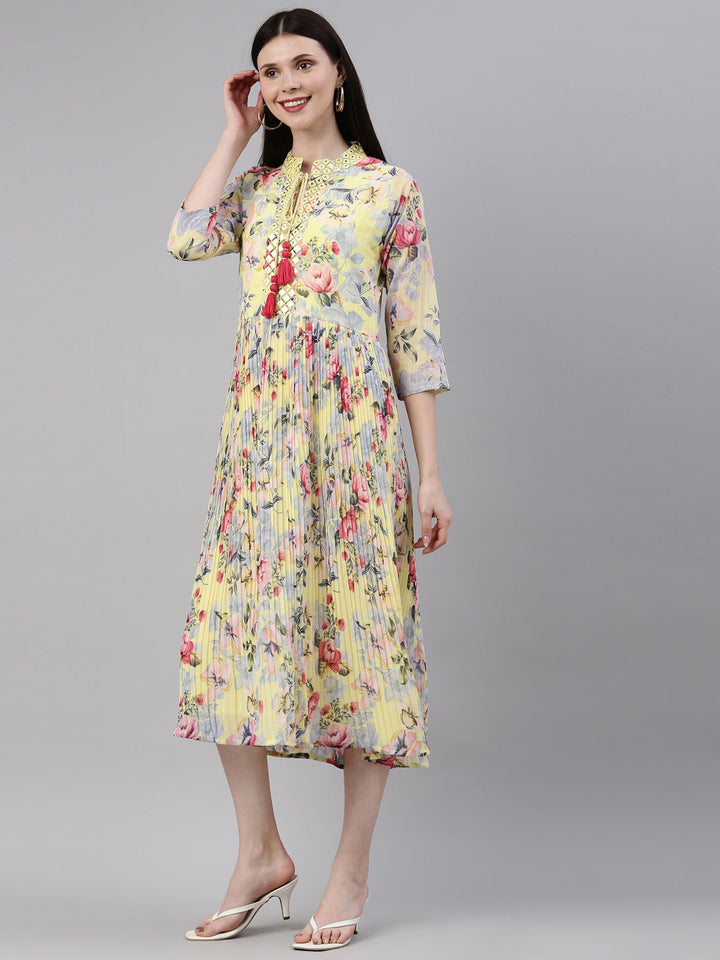 Neerus Yellow georgette straight kurta - side view