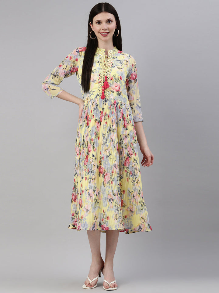 Neerus Yellow georgette straight kurta - detail view 3