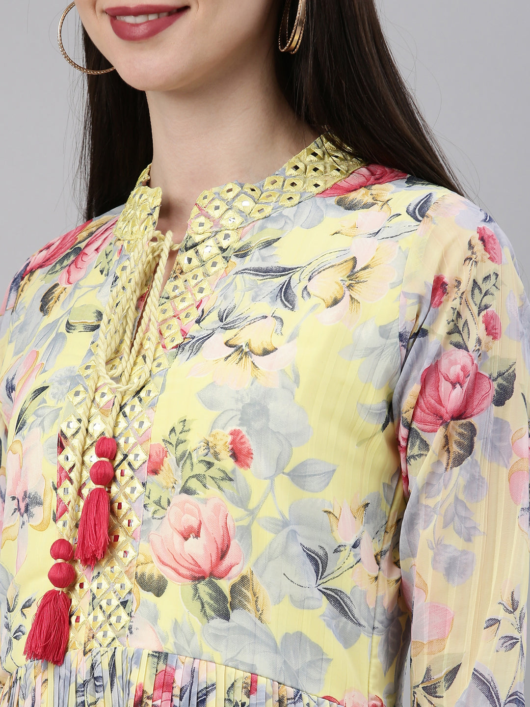 Neerus Yellow georgette straight kurta - detail view 5