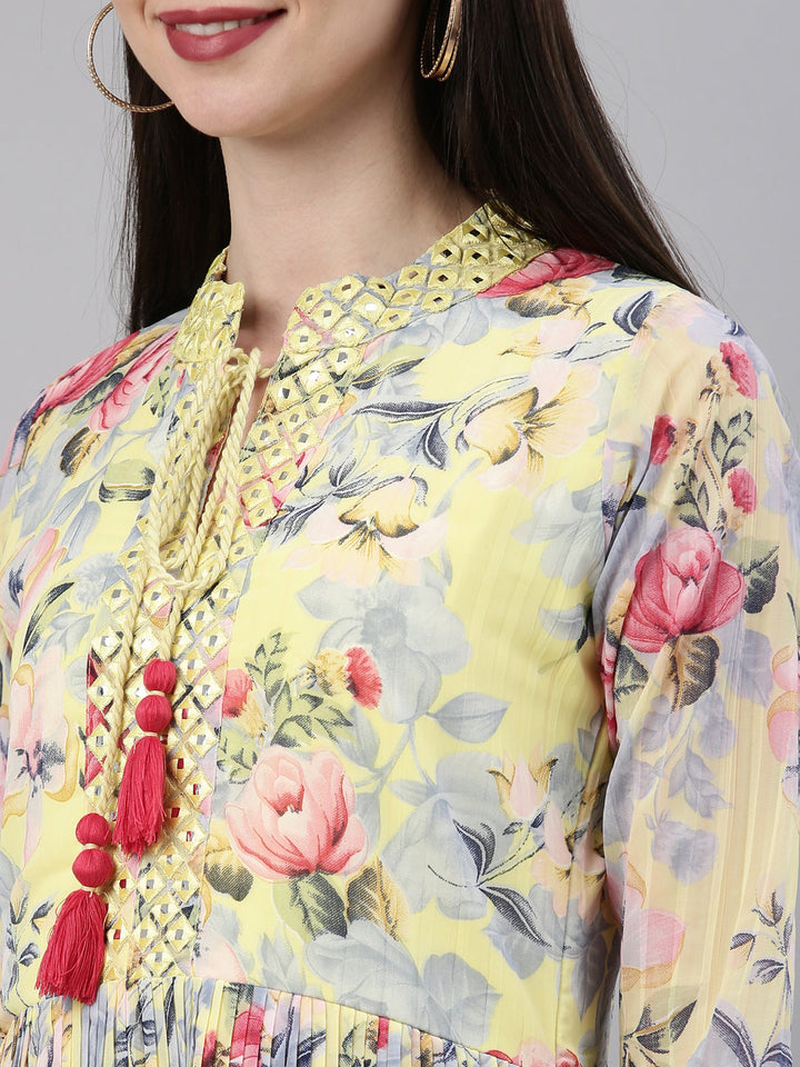 Neerus Yellow georgette straight kurta - detail view 5