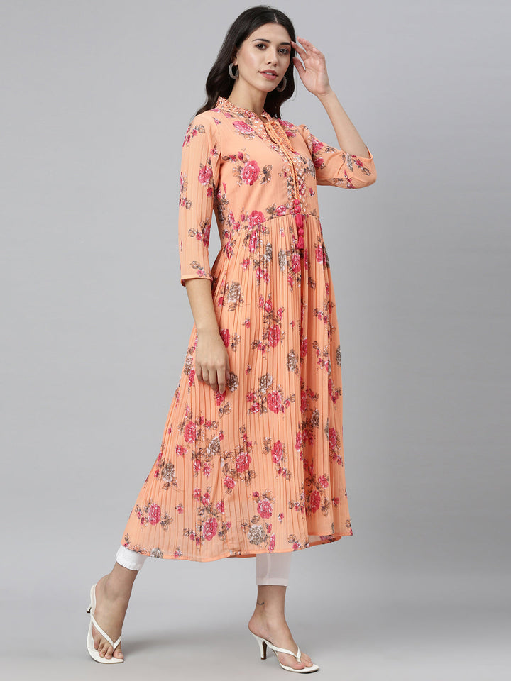 Neerus Orange georgette mirror work kurti - front view