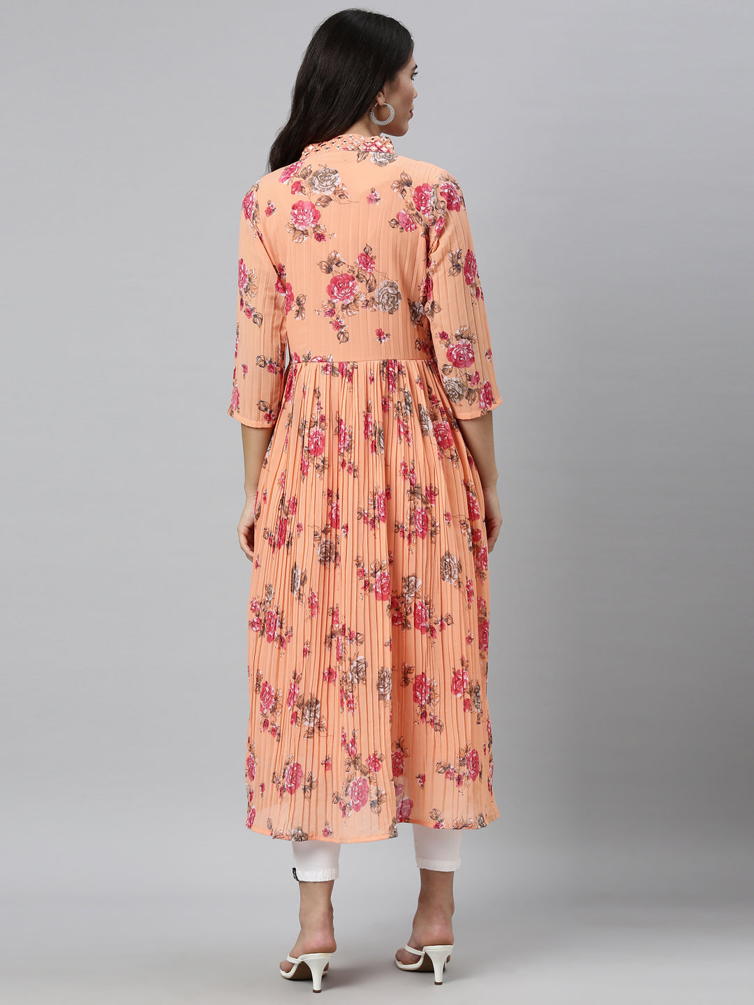 Neerus Orange georgette mirror work kurti - back view
