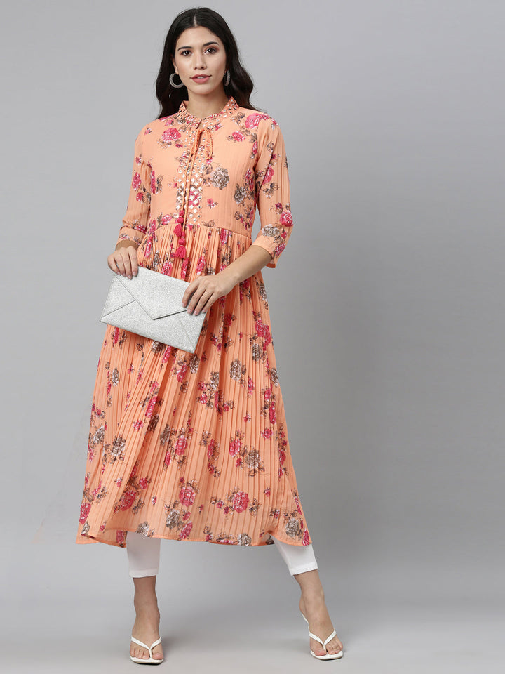 Neerus Orange georgette mirror work kurti - detail view 1