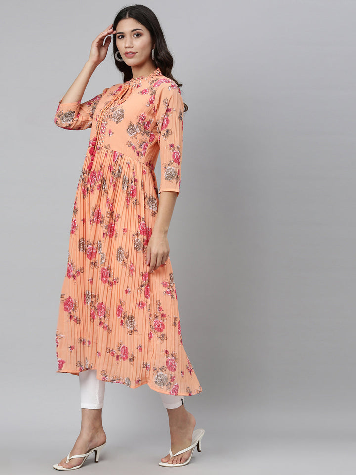 Neerus Orange georgette mirror work kurti - detail view 2