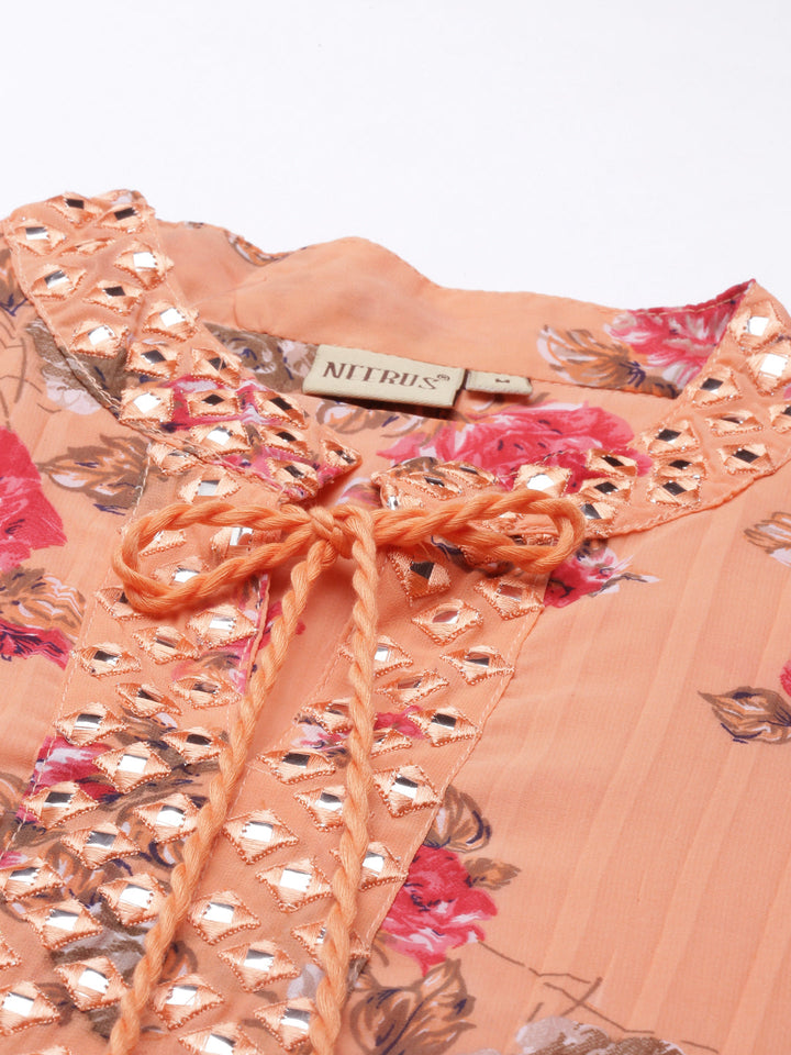 Neerus Orange georgette mirror work kurti - detail view 3
