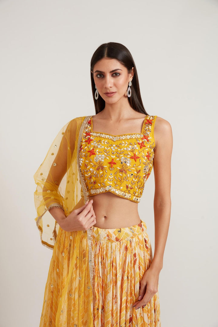 Neerus Yellow georgette embellished lehenga set - back view