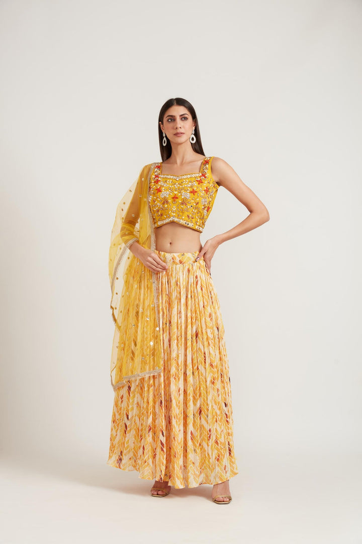 Neerus Yellow georgette embellished lehenga set - front view
