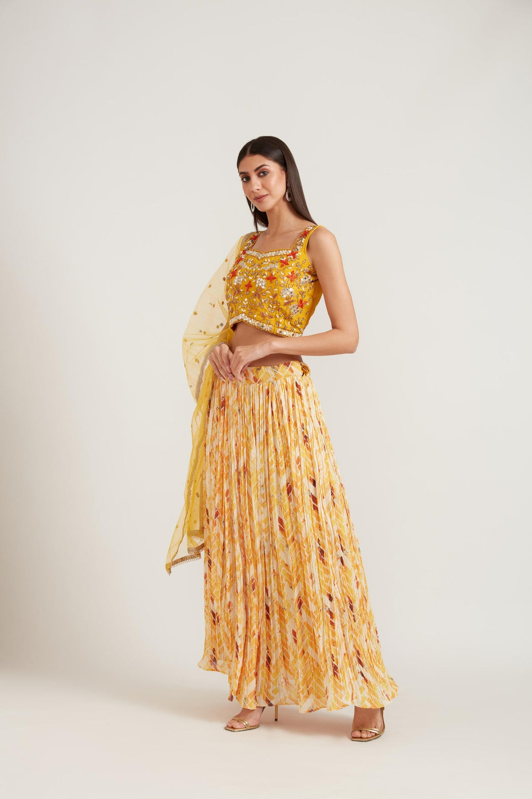 Neerus Yellow georgette embellished lehenga set - detail view 2