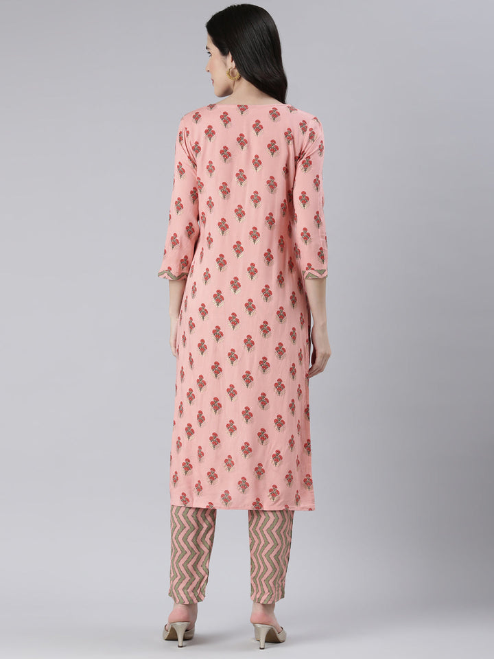 Neerus Pink rayon solid kurta set with trousers - side view