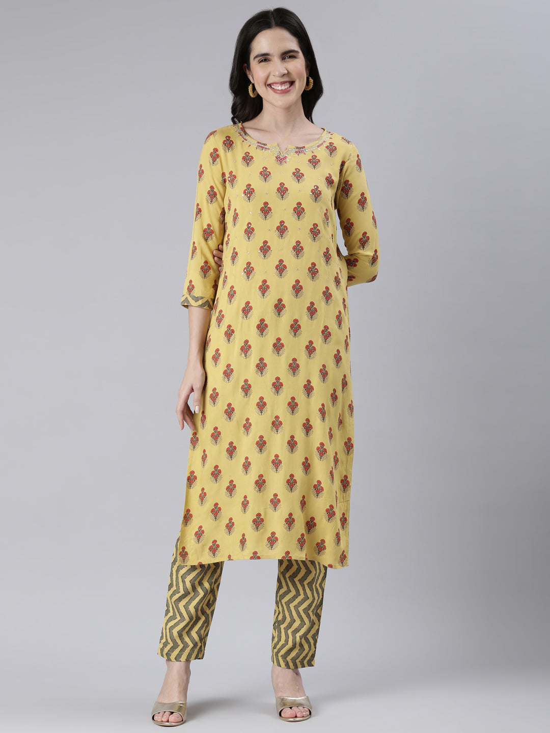 Neerus Yellow Rayon Solid Kurta Set with Trousers - front view