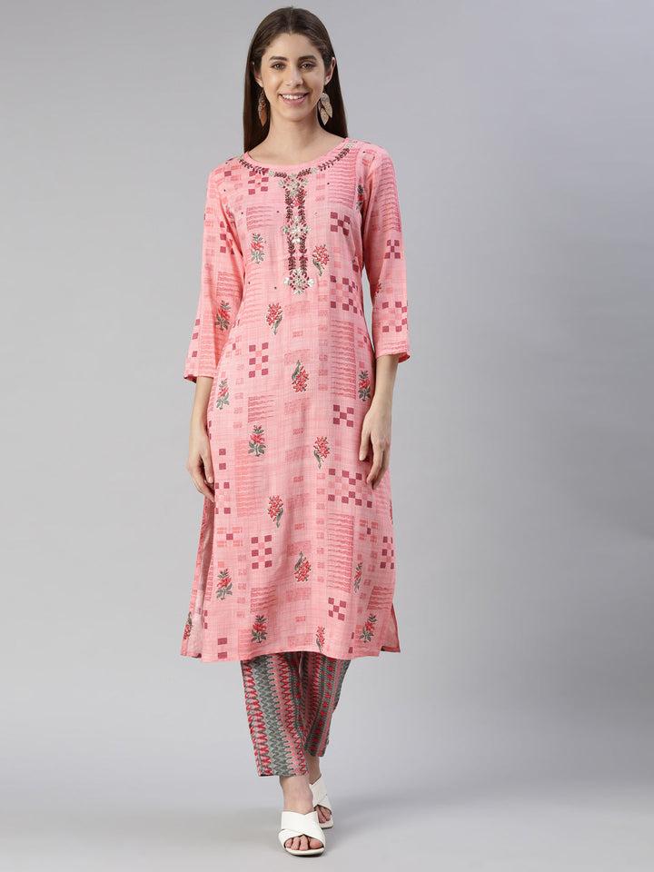 Neerus Pink viscose rayon embroidered kurta set - front view