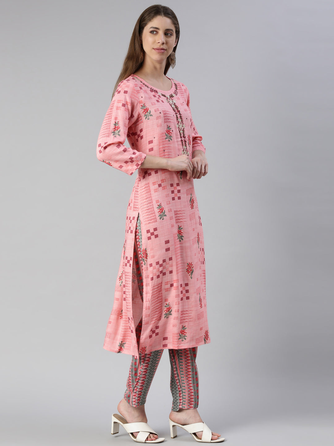 Neerus Pink viscose rayon embroidered kurta set - back view