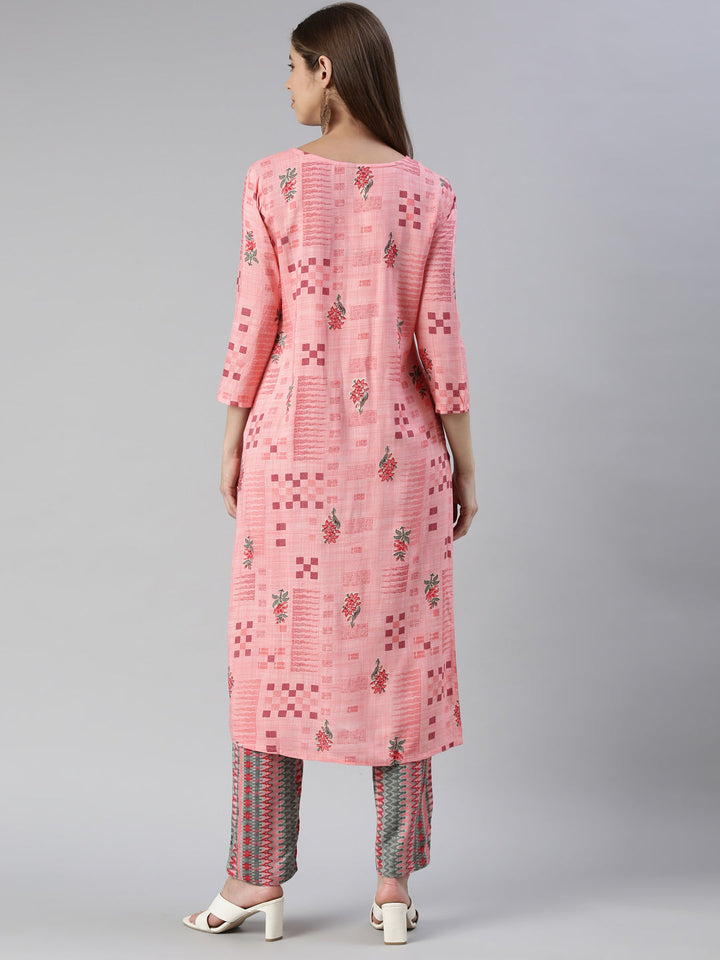 Neerus Pink viscose rayon embroidered kurta set - side view