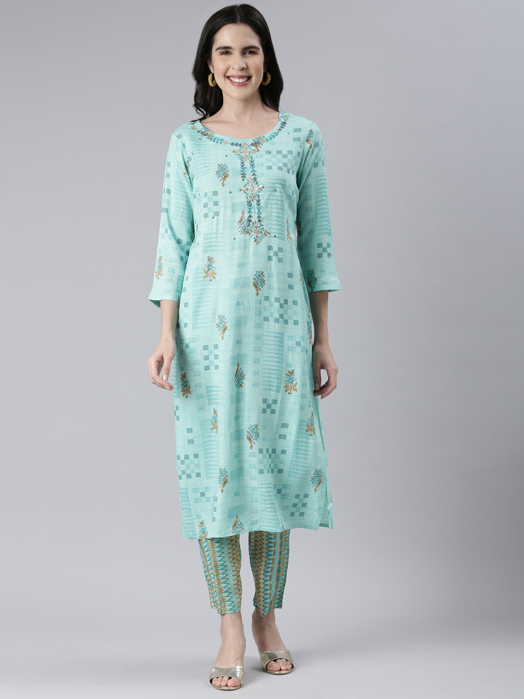 Neerus Green viscose rayon embroidered kurta set - front view