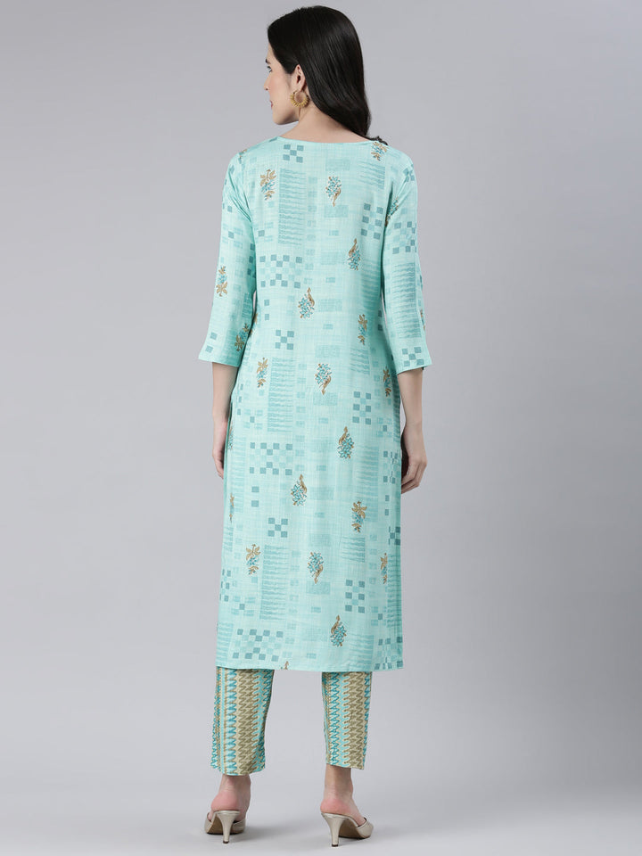 Neerus Green viscose rayon embroidered kurta set - side view