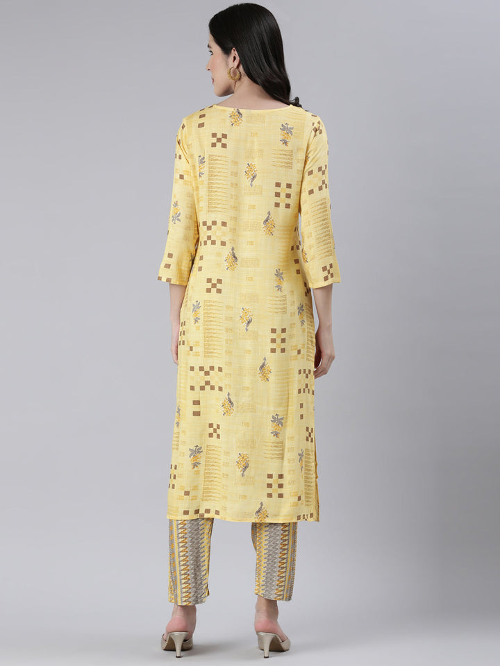 Neerus Yellow Viscose Rayon Embroidered Kurta Set - side view