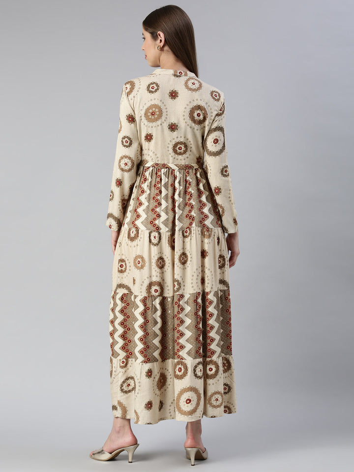 Neerus Cream Maxi Casual Printed Dresses
