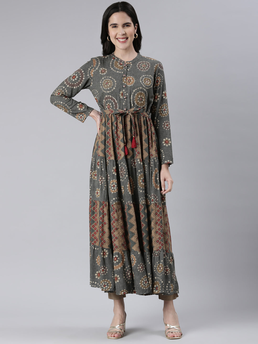 Neerus Grey printed maxi dress - front view