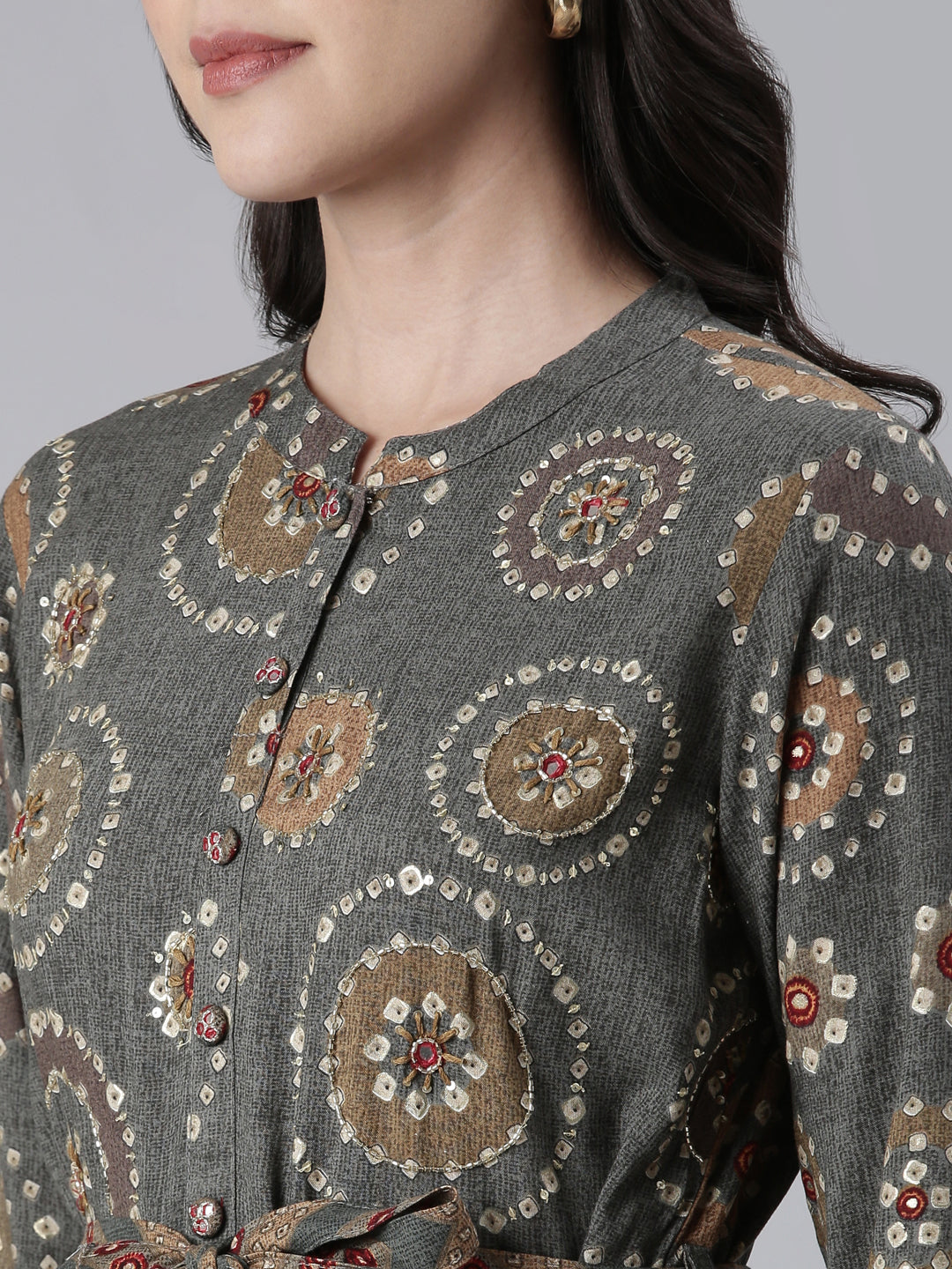 Neerus Grey printed maxi dress - detail view 1