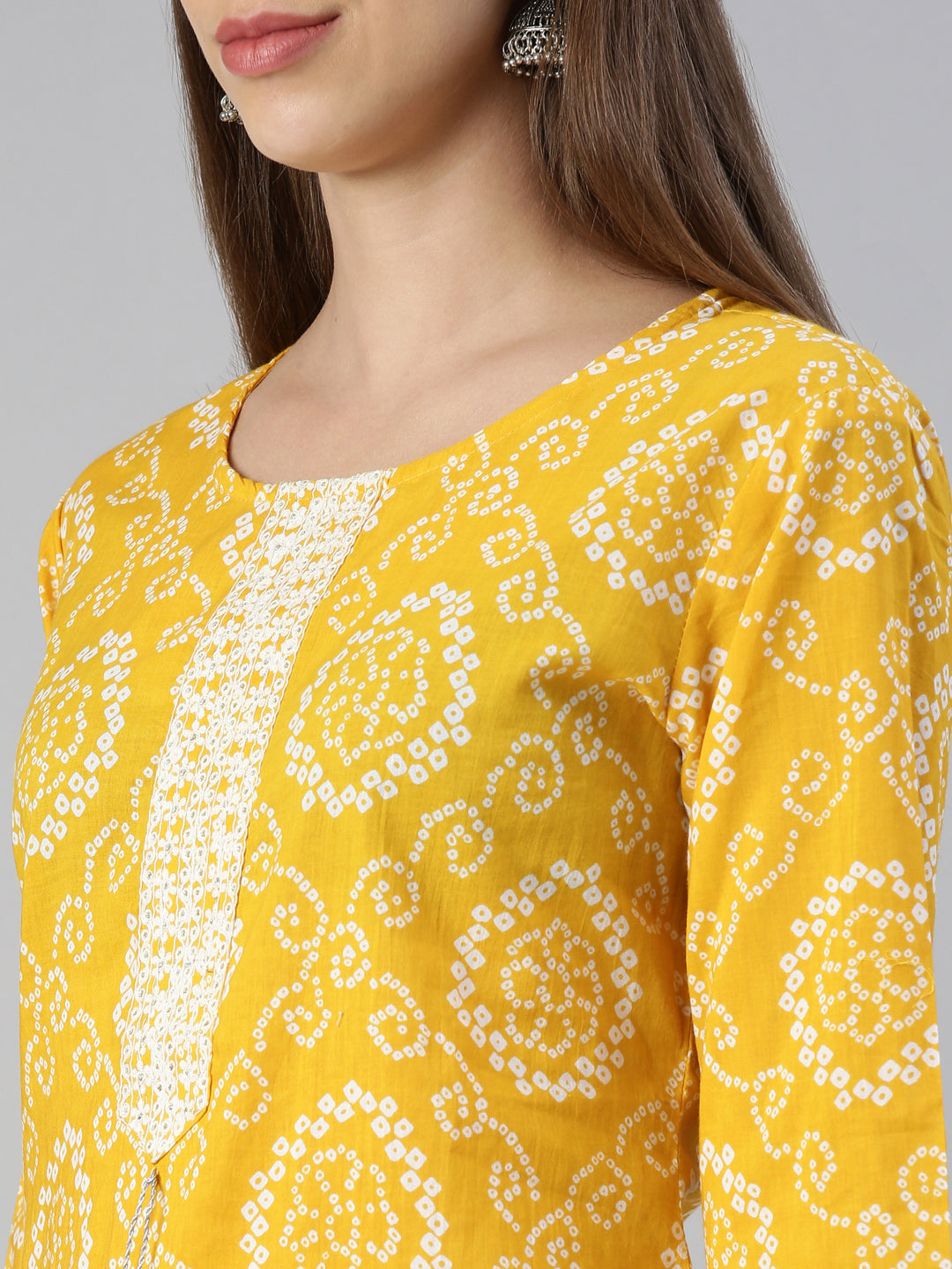 Neerus Yellow printed kurta set with palazzo and dupatta - detail view 1