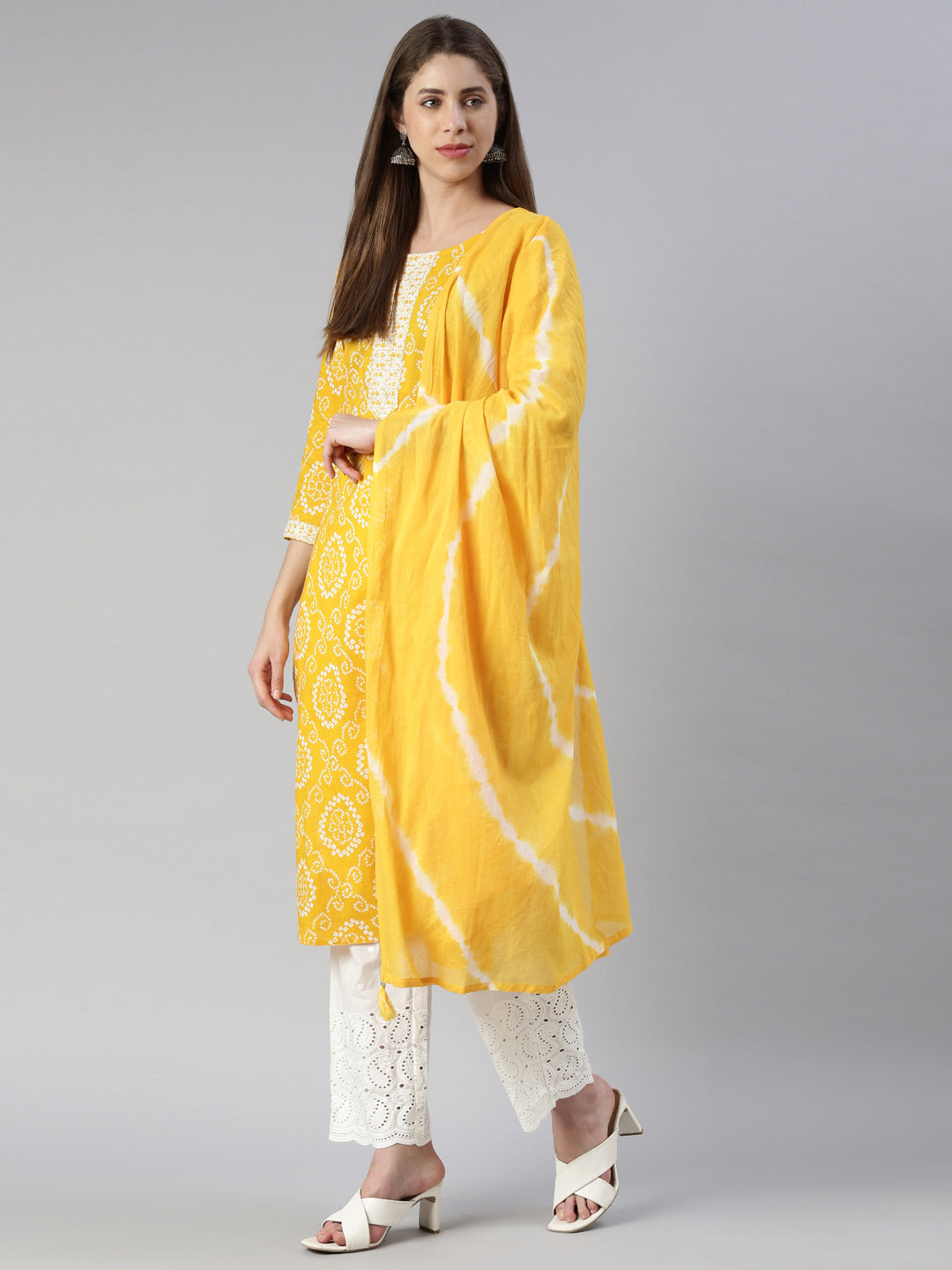 Neerus Yellow printed kurta set with palazzo and dupatta - detail view 2