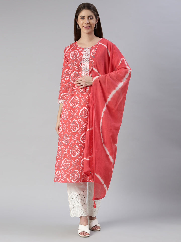 Neerus Women Red Printed Calf Length Kurta And Palazzos With Dupatta