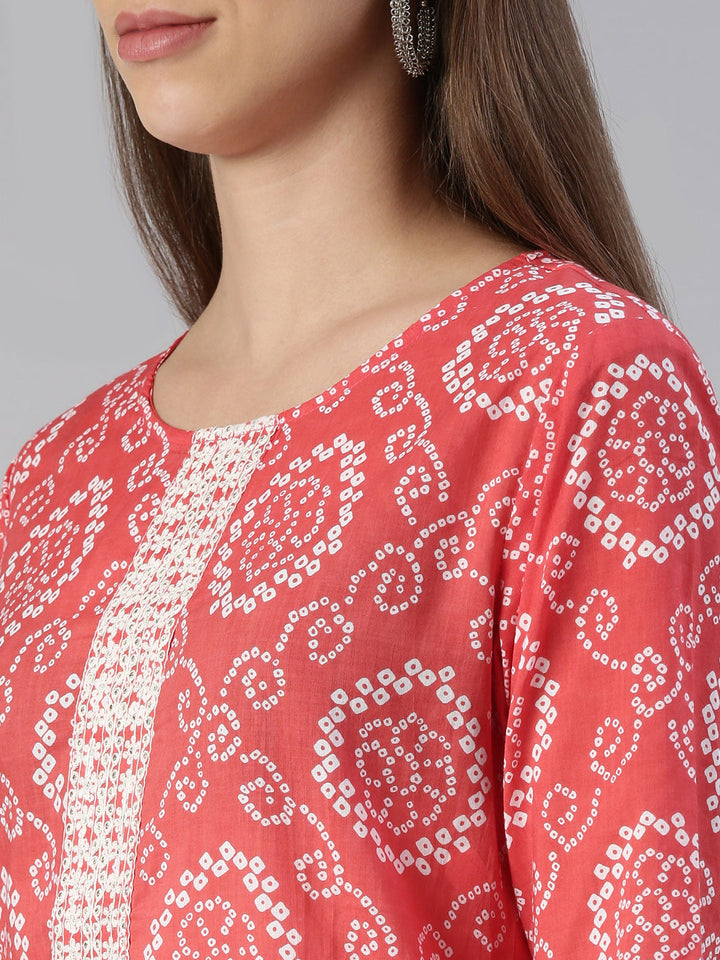 Neerus Women Red Printed Calf Length Kurta And Palazzos With Dupatta