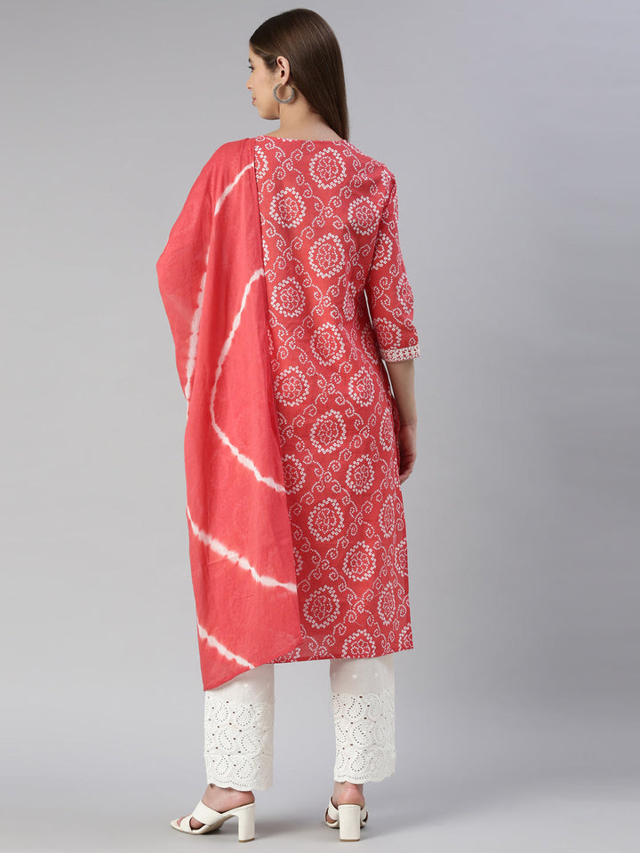 Neerus Women Red Printed Calf Length Kurta And Palazzos With Dupatta