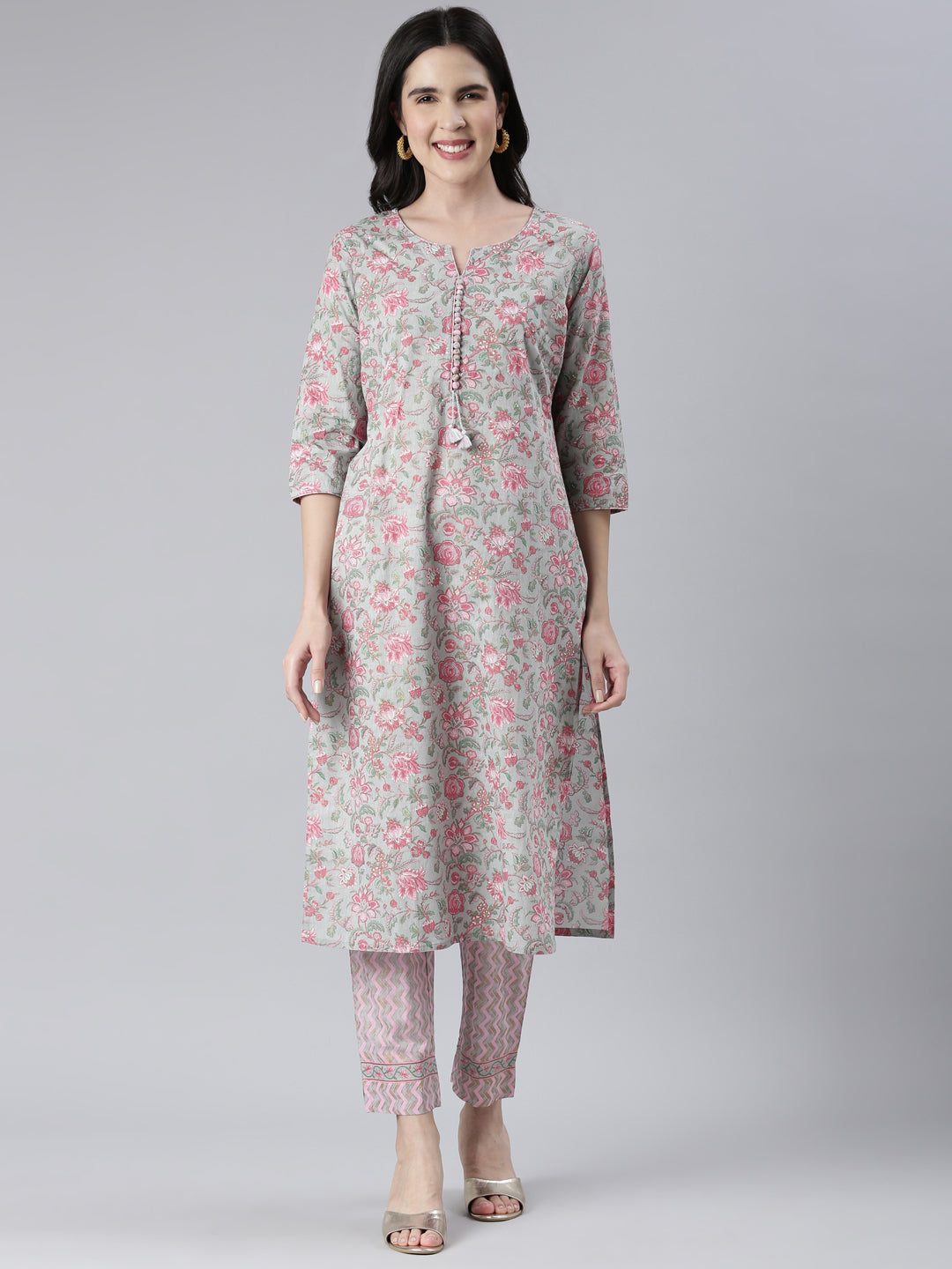 Neerus Grey printed straight kurta set with trousers - front view