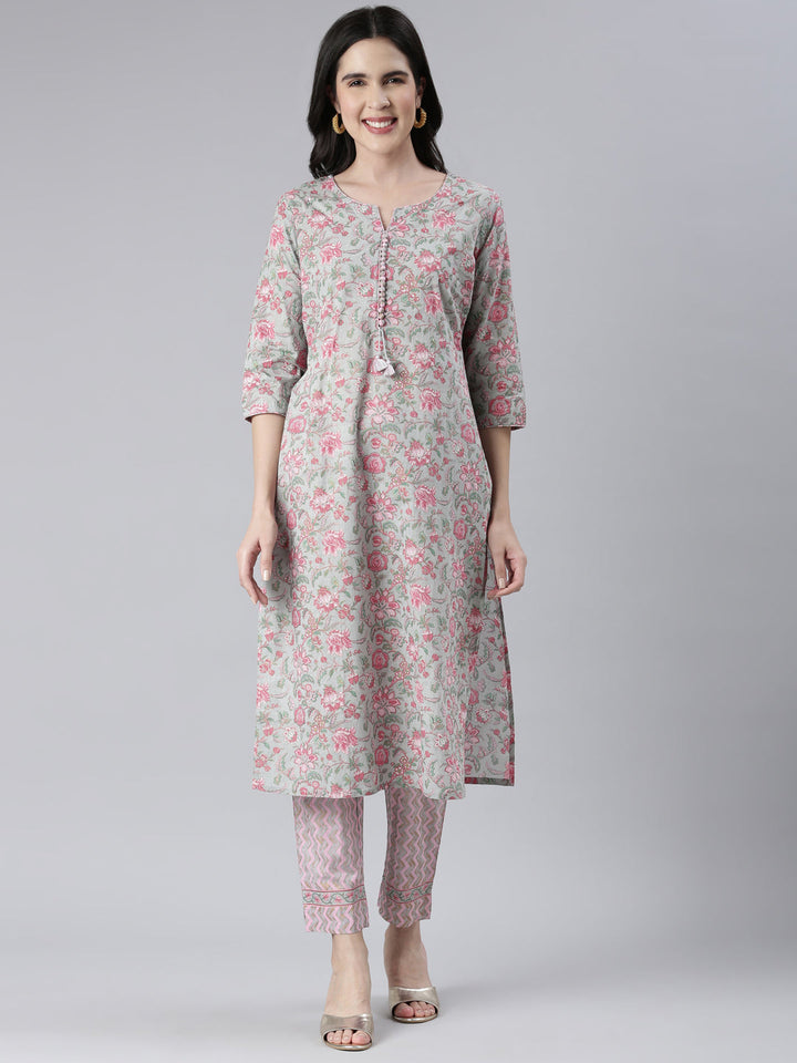 Neerus Grey printed straight kurta set with trousers - front view