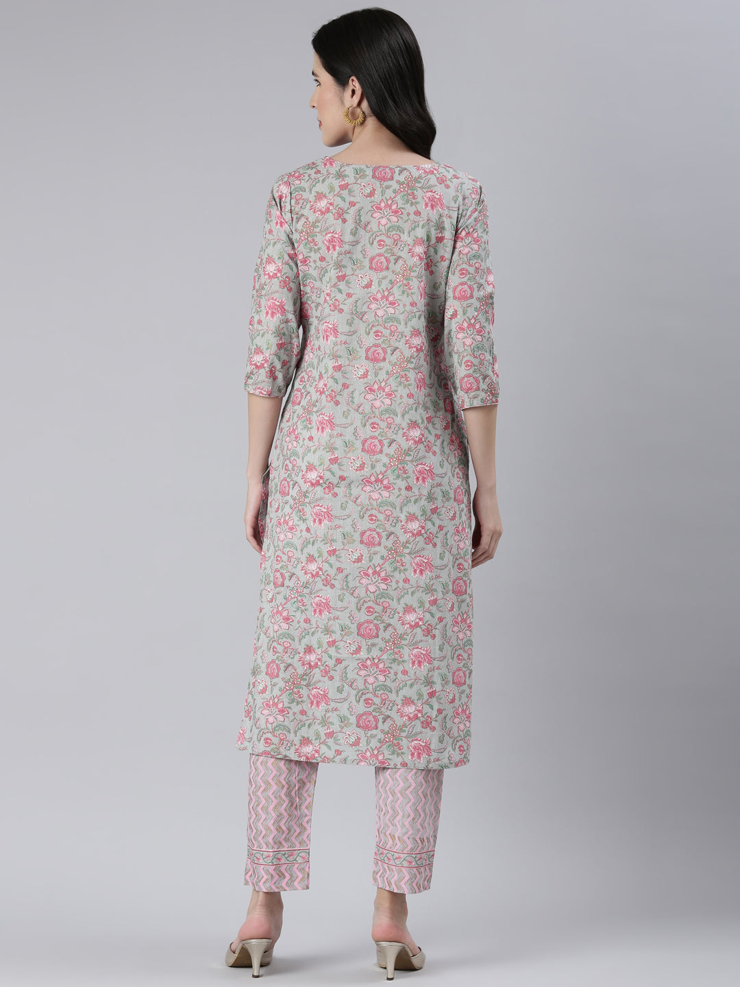 Neerus Grey printed straight kurta set with trousers - side view