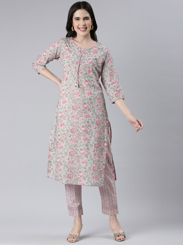 Neerus Grey printed straight kurta set with trousers - detail view 2