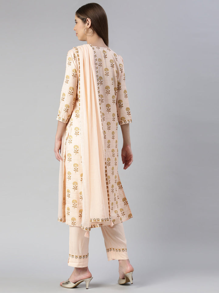 Neerus Orange rayon printed kurta set with trouser and dupatta - side view