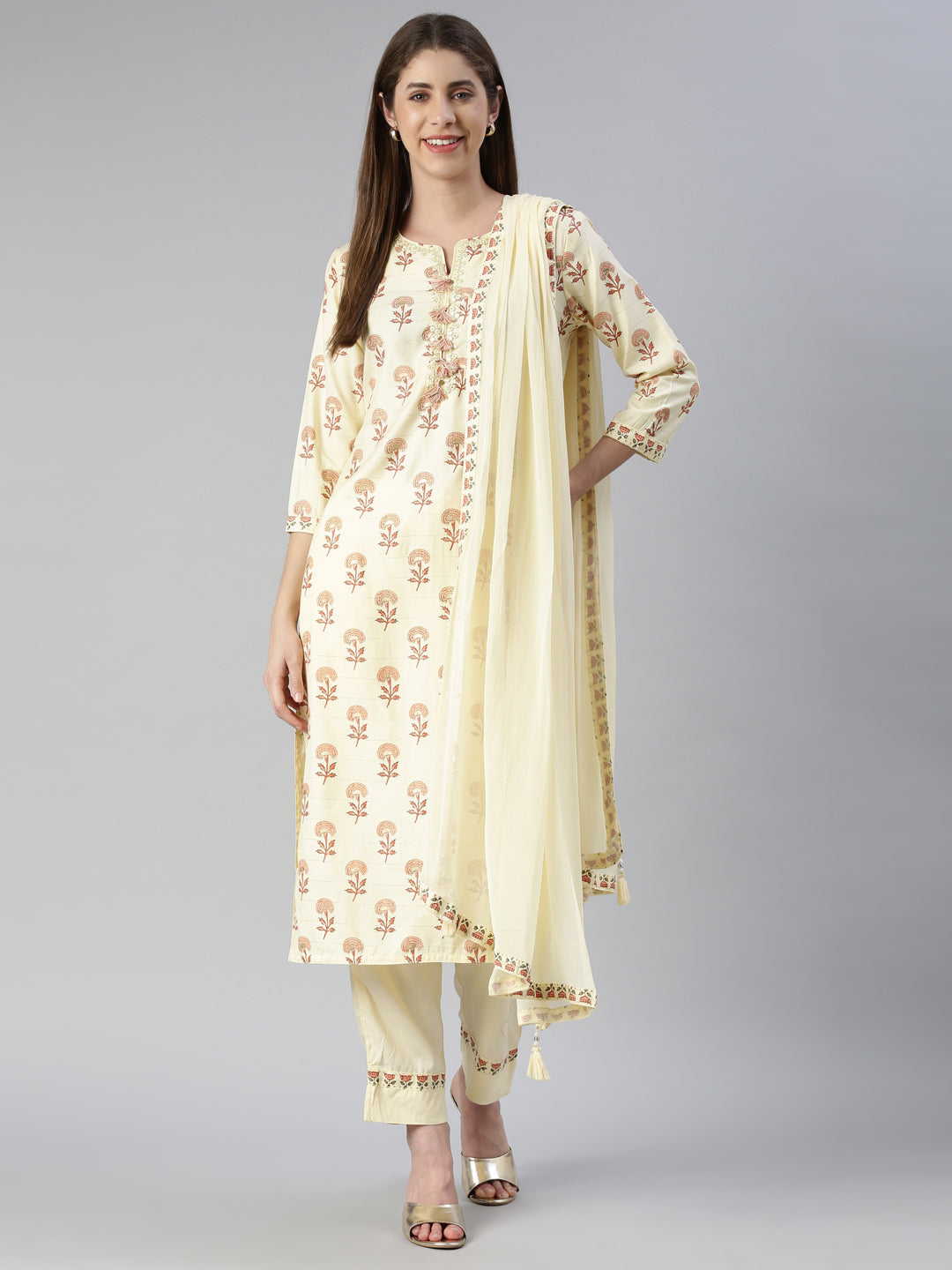 Neerus Yellow Rayon Printed Kurta Set with Trouser and Dupatta - front view