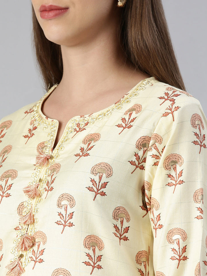 Neerus Yellow Rayon Printed Kurta Set with Trouser and Dupatta - detail view 1