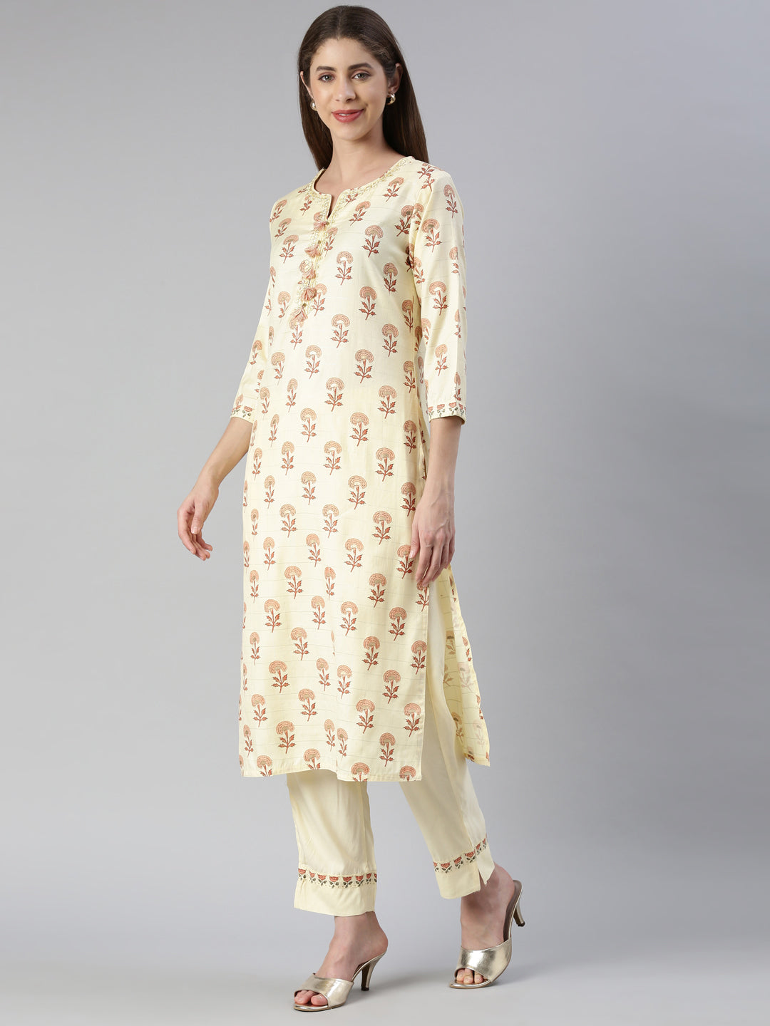 Neerus Yellow Rayon Printed Kurta Set with Trouser and Dupatta - back view